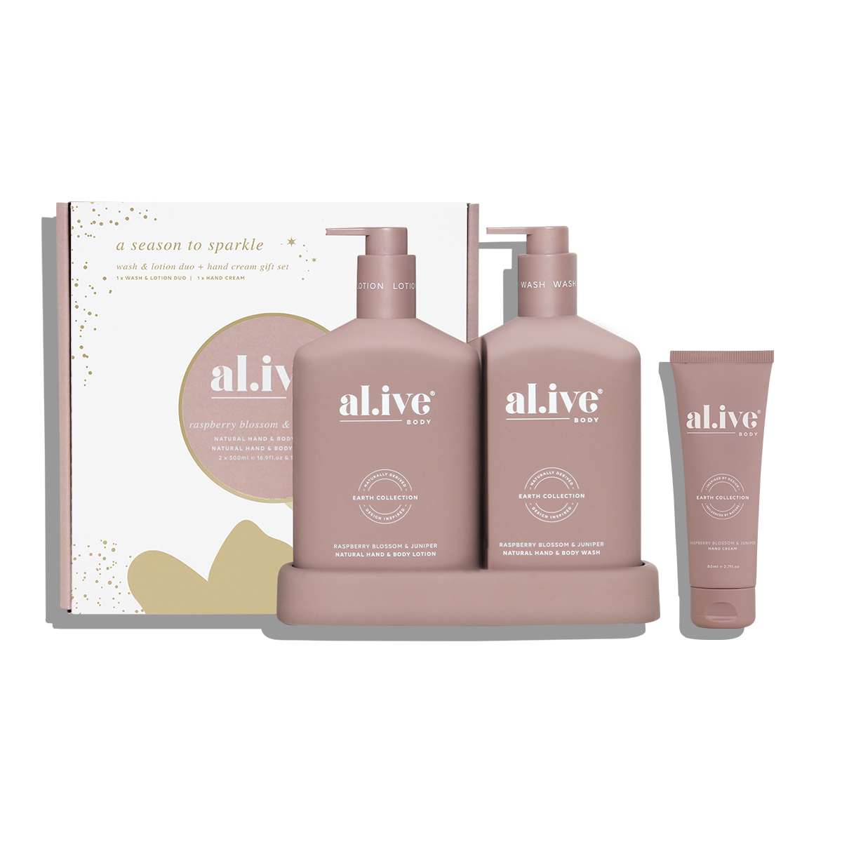 al.ive wash & lotion duo + hand cream gift set - raspberry blossom & juniper