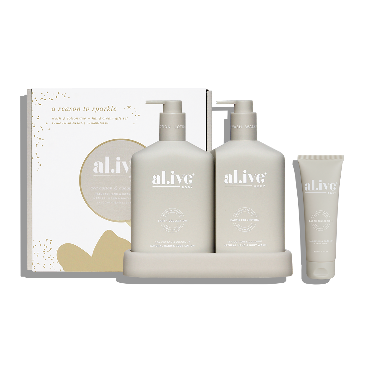 al.ive wash & lotion duo + hand cream gift set - sea cotton & coconut