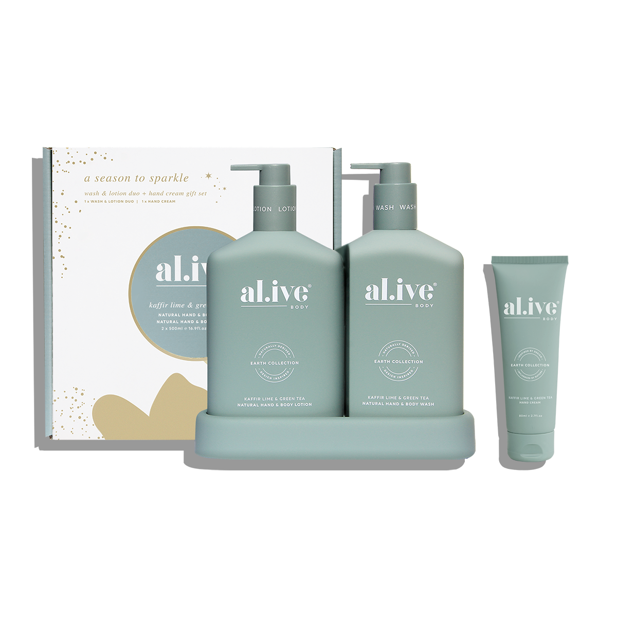 al.ive wash & lotion duo + hand cream gift set - kaffir lime & green tea