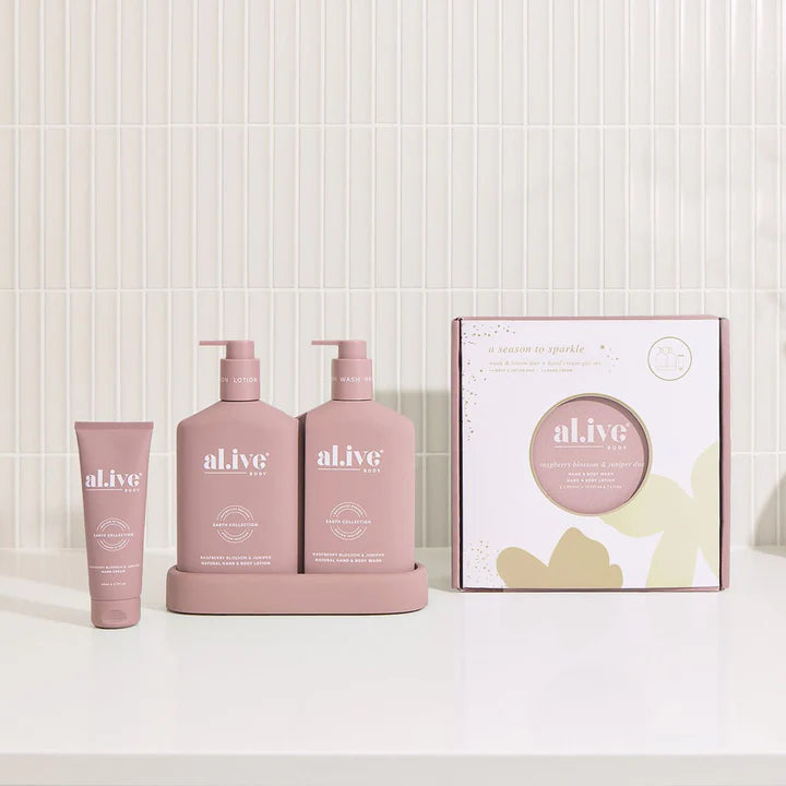 al.ive wash & lotion duo + hand cream gift set - raspberry blossom & juniper